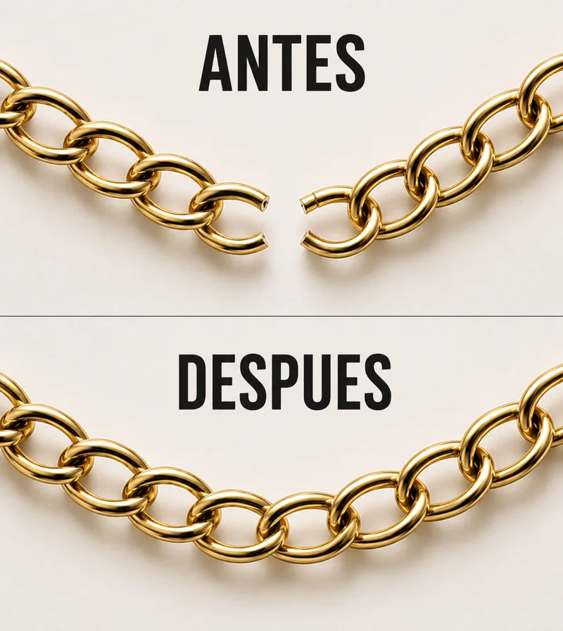 Antes y después de la reparación de una cadena de oro